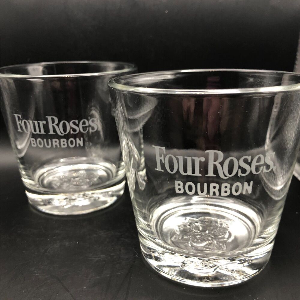 Four Roses Bourbon Whiskey Etched Glasses Set of 2 Embossed Rose Bottom 6oz